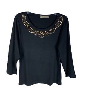 Jane Ashley Casual Black Embellished Collar Top Size Medium NWT